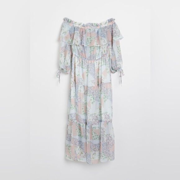 NWT River Island Maxi Blue Dress Petite Floral Bardot Size 2 - Picture 7 of 14